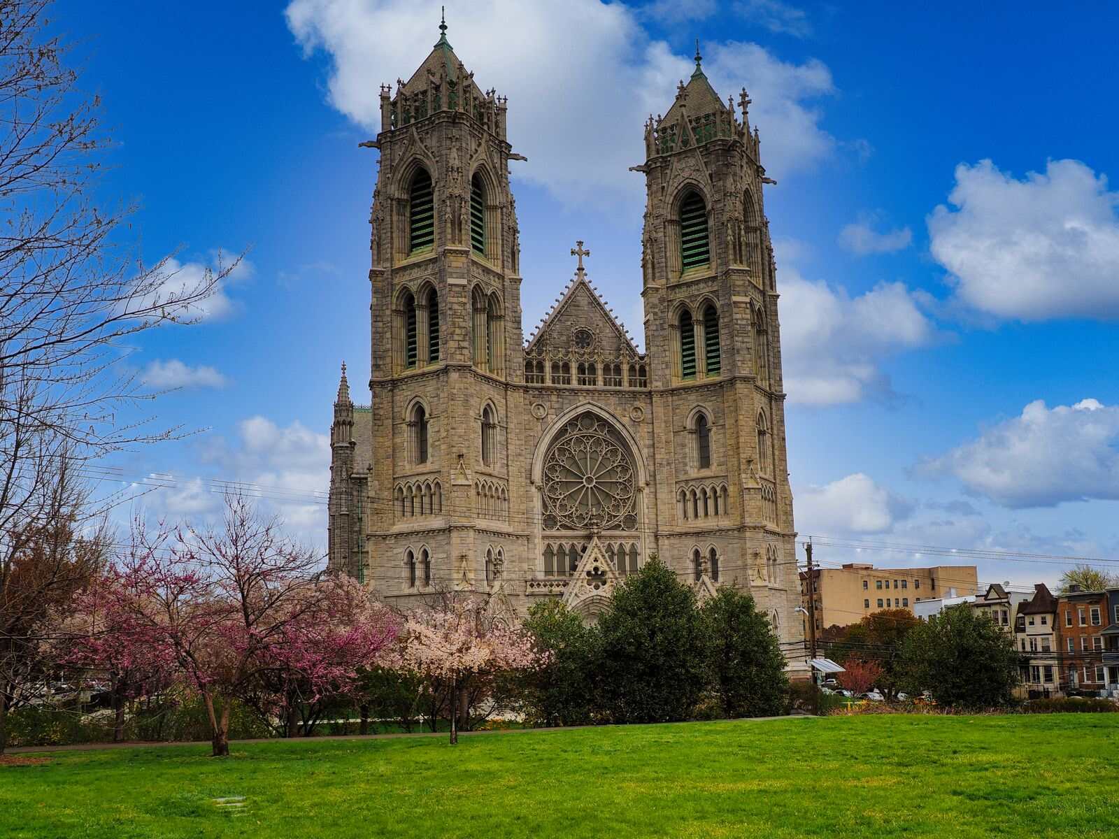 The Cathedral Basilica of the Sacred Heart in Newark surrounded by spring blossoms