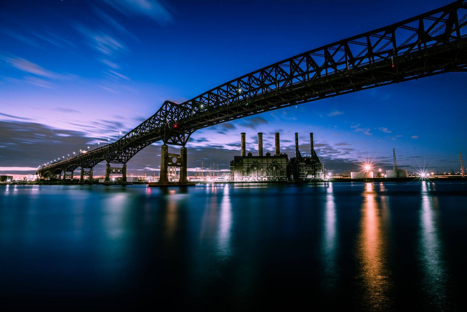 The Pulaski Skyway stretching over the Hackensack River at dusk outside Newark
