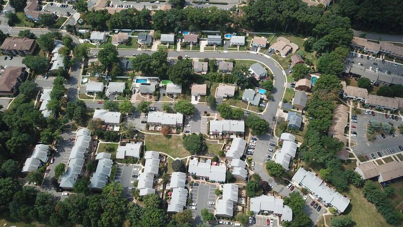 Tree lined suburban blocks of Woodbridge Township from above
